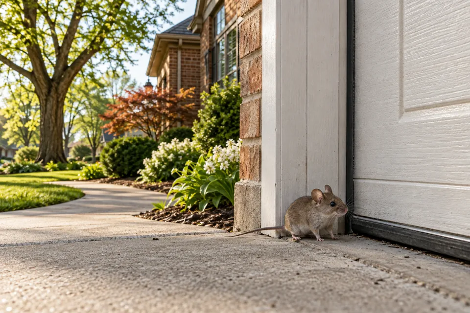 Small house mouse beside a garage door frame
