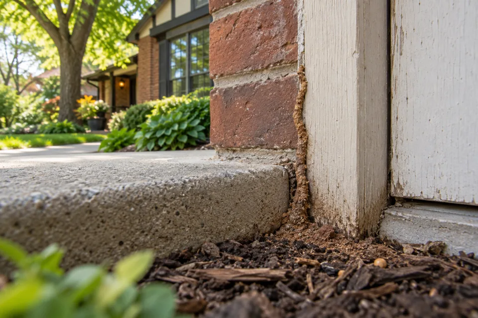 Earthen termite shelter tube beside concrete and wood trim