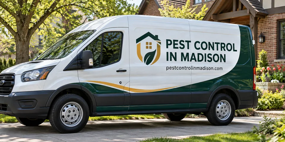 Pest Control in Madison branded van beside a home